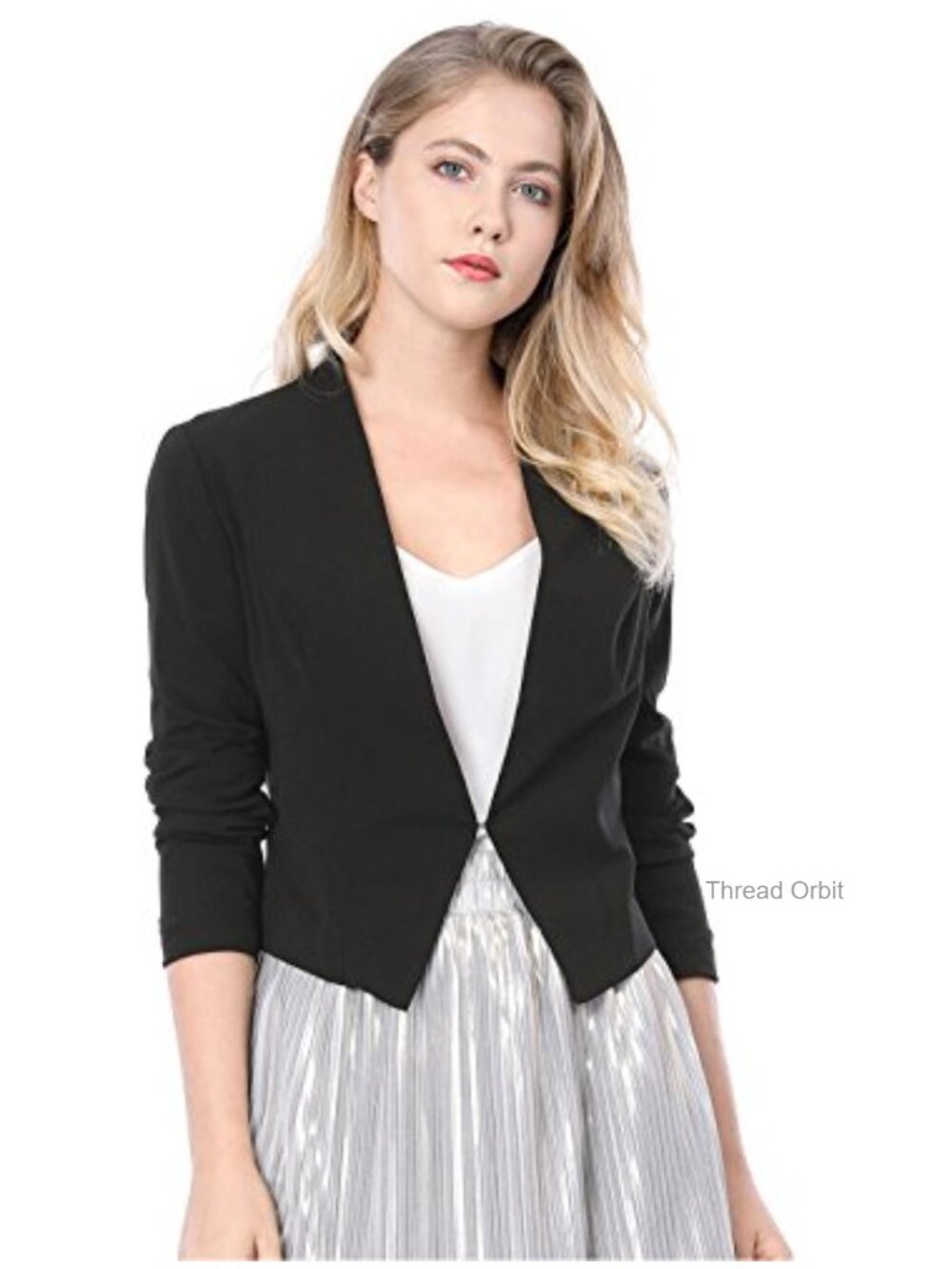 Womens Cropped Blazer Collarless Open Front Business Casual Suit Jacket